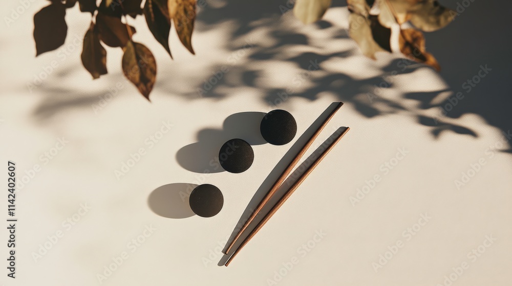 Poster minimalistic composition with black circular objects and wooden chopsticks against a softly lit back