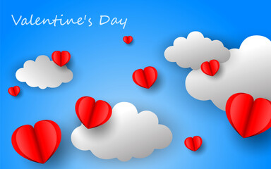 Floating paper hearts on clouds background for valentines day