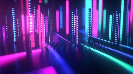 audio spectrum simulation for music, dynamic glowing bars and waves pulsing in sync with sound, vibrant colors like blue, pink, and green on a sleek dark background, 