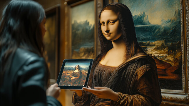 Woman looking at picture on digital tablet in museum. Woman holding digital tablet and looking at picture of Mona Lisa