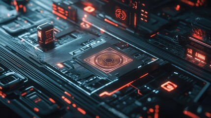 A high-resolution image of a biometric microchip resting on a sleek surface, surrounded by holographic security icons and data streams