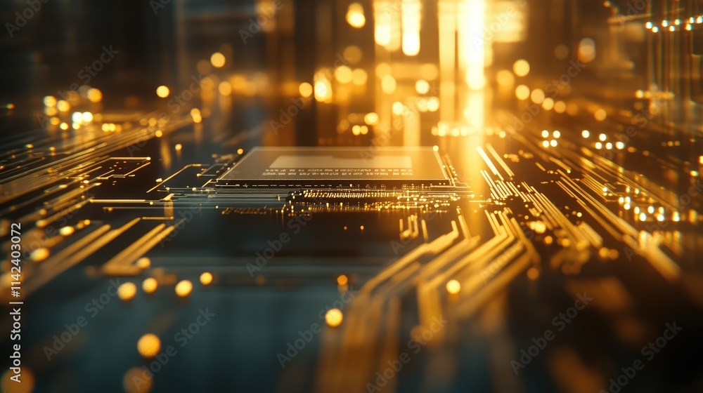 Poster a high-resolution image of a microchip on a glass surface with refracted light highlighting its fine