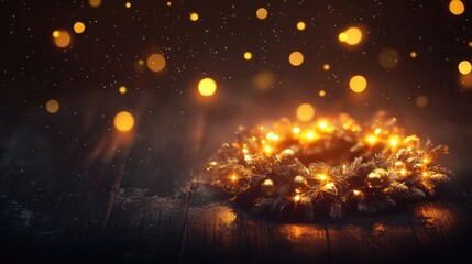 Naklejka premium Holiday card with a glowing advent wreath and golden lights on a dark wooden table