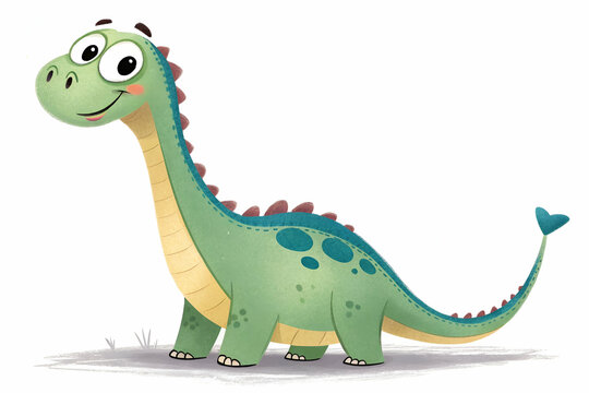 A cute, cartoon dinosaur with a friendly smile, green skin, and blue spots, standing playfully with a long neck and tail.