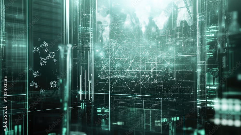 Poster a futuristic digital background featuring chemical structures, test tubes, and data points, ideal fo