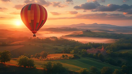 Fototapeta premium Hot air balloon soaring over misty sunrise valley.