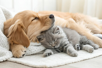 A golden retriever and a gray kitten peacefully sleeping together on a cozy blanket, showcasing the beauty of friendship between pets.
