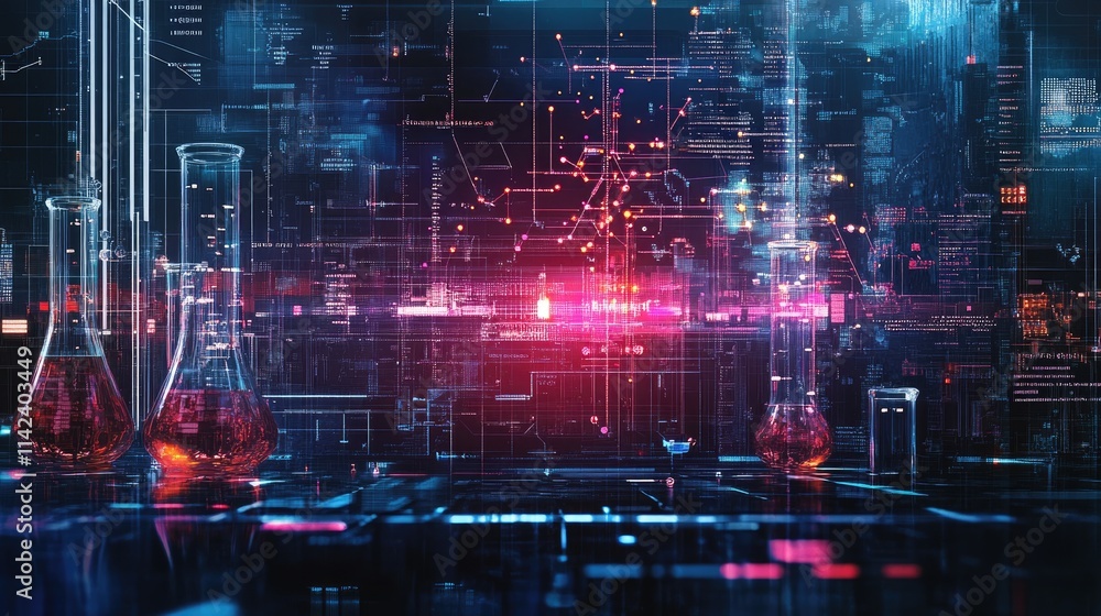 Poster a futuristic digital background featuring chemical structures, test tubes, and data points, ideal fo