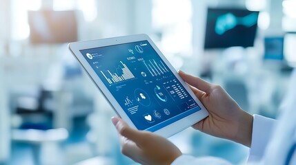 A close-up of a hand holding a tablet showing health statistics and trends, with graphs and digital health metrics, in a bright, well-lit medical clinic. 