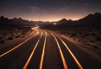 Fototapeta premium Light trails in the darkness of a desert landscape, rock formations, starlight, desert landscape