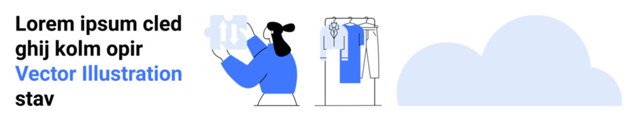 Woman examines a dress on a hanger beside a clothing rack with various garments. Ideal for fashion, retail, e-commerce, online shopping, lifestyle, marketing, visual content branding. Landing page