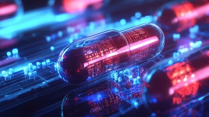 A futuristic digital representation of nanoscale drug delivery innovations, highlighting their potential in medicine, with space for text on the side