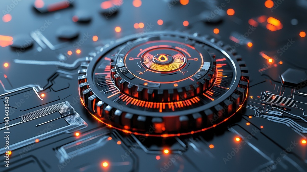 Poster futuristic digital technology interface with holographic display and circuit board background