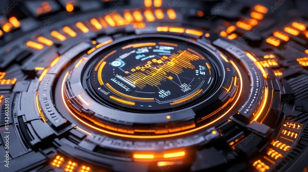 Poster futuristic digital dashboard with illuminated circuit and gadget interface