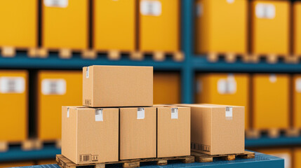 Cardboard boxes stacked on wooden pallet in warehouse with yellow shelves. organized storage reflects efficient supply chain management and logistics operations