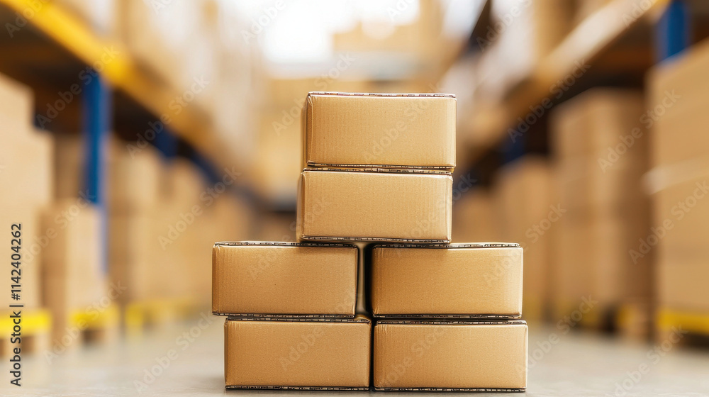 Poster stacked cardboard boxes in warehouse, showcasing efficient storage and organization. image highlight