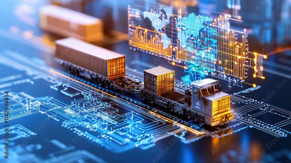 Poster image depicts digital representation of logistics and inventory management, showcasing train transpo