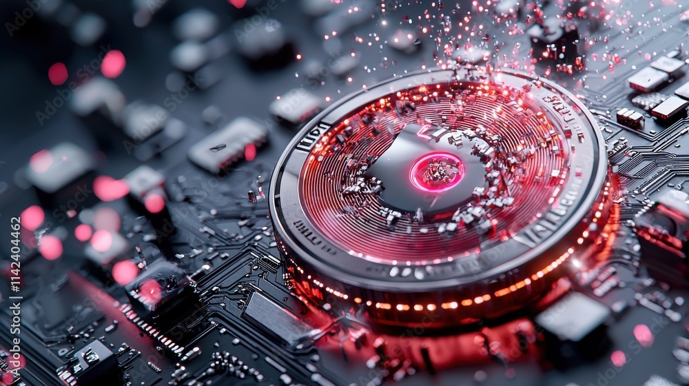 Aufkleber glowing red circuit board with microchips and technology elements