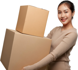 Happy Woman Carrying Cardboard Boxes Moving Delivery Relocation