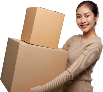 Happy Woman Carrying Cardboard Boxes Moving Delivery Relocation