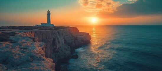 Lighthouse Sunset Seascape: Coastal Beauty at Golden Hour