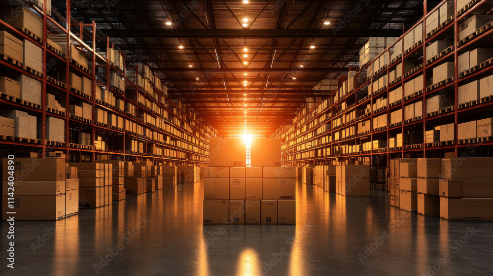 Poster spacious warehouse filled with stacked boxes, illuminated by sunset. organized layout showcases effi