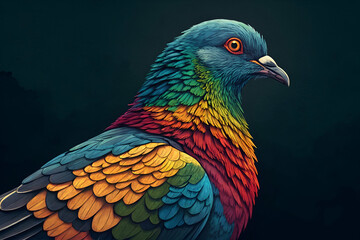 A colorful bird with vibrant plumage, showcasing a blend of blue, green, yellow, and red feathers against a dark background.