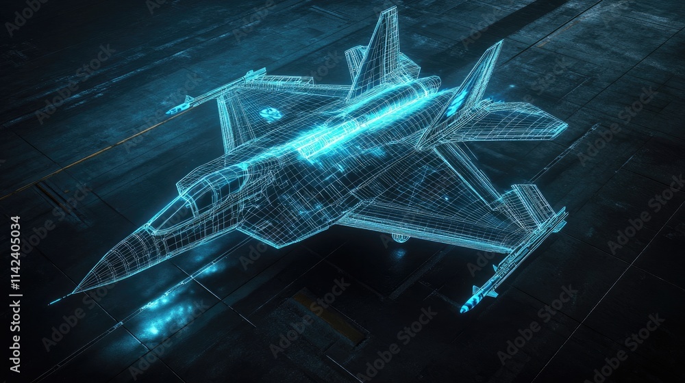Poster a glowing wireframe fighter jet displayed on a dark tarmac, with blue light illuminating the intrica