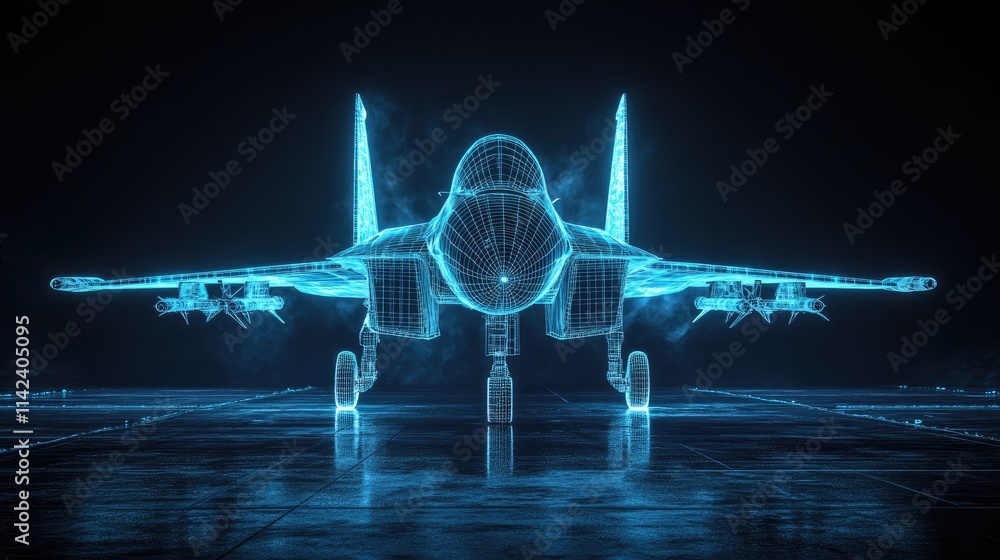 Poster a glowing wireframe fighter jet displayed on a dark tarmac, with blue light illuminating the intrica