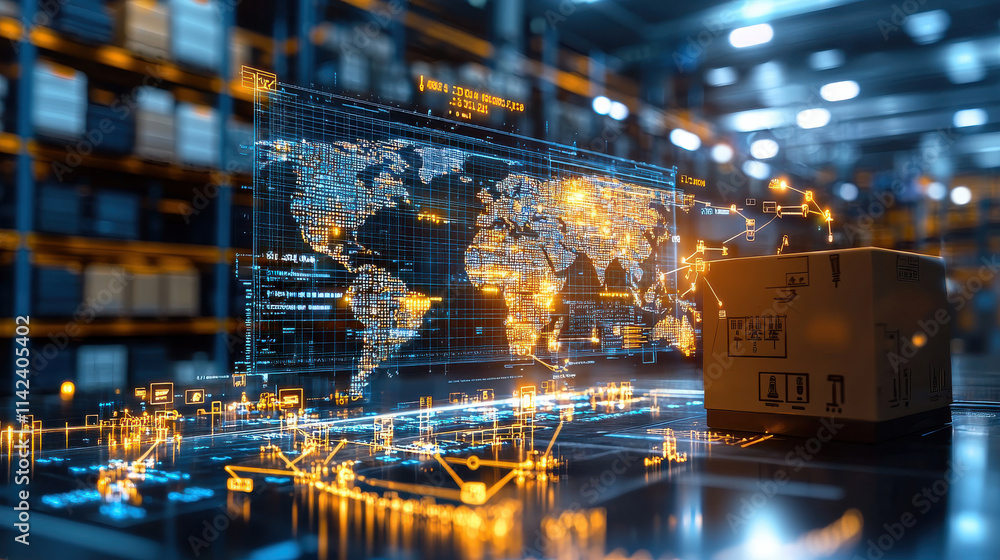 Poster digital supply chain analytics with global map and package