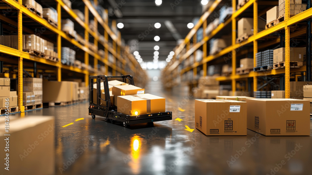 Poster efficient warehouse with automated cart transporting boxes, showcasing logistics and supply chain ma