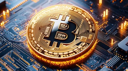 Obraz premium Golden Bitcoin Symbol on Futuristic Circuit Board with Technology Concept