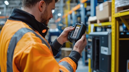 A warehouse worker examines a device while wearing safety gear, surrounded by storage racks filled with boxes and equipment.