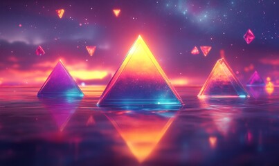 Geometric shapes with vivid neon gradients floating in space, futuristic abstract art, 3D illustration