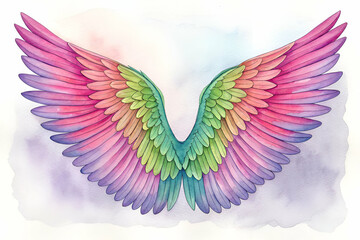 Fototapeta premium A vibrant illustration of colorful angel wings, featuring shades of pink, green, and blue, set against a soft, pastel background.
