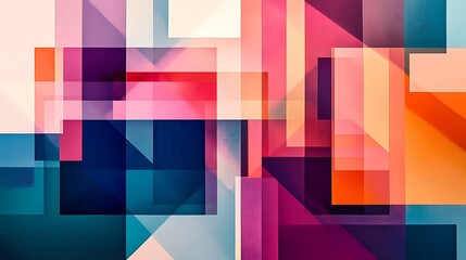 Abstract geometric shapes overlap, vibrant color palette.
