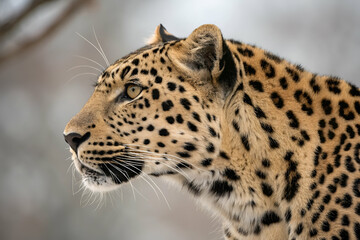 A close-up profile of a leopard showcasing its distinctive spots and intense gaze, highlighting its beauty and grace in the wild.