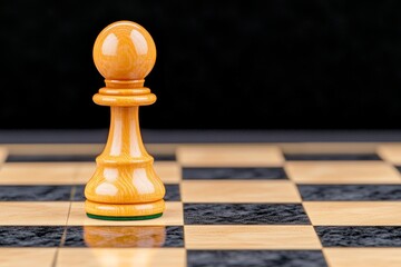 A 3D-rendered chessboard with a single piece in sharp focus, illuminated by dynamic lighting while the surrounding board fades into darkness