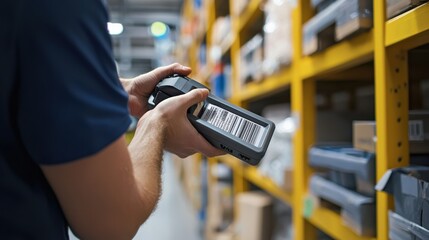 A worker scans a barcode in a warehouse, surrounded by neatly organized shelves filled with various packages and boxes.