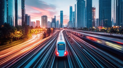 Obraz premium A high-speed rail system cutting through a modern cityscape, with elevated tracks and sleek trains in motion