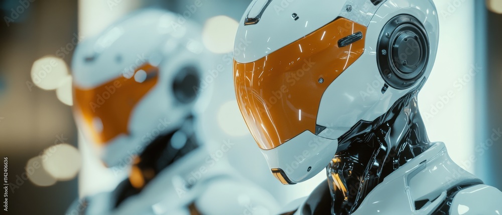 Poster two futuristic robots standing side by side
