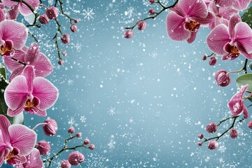 Beautiful Winter Frame with Pink Orchids and Snowflakes Creating a Festive Atmosphere for Holiday Greetings and Designs