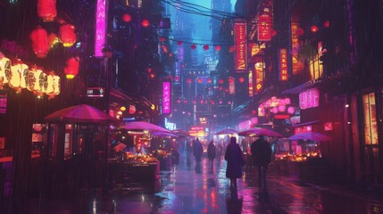 Bustling Street Market with Vibrant Food Stalls