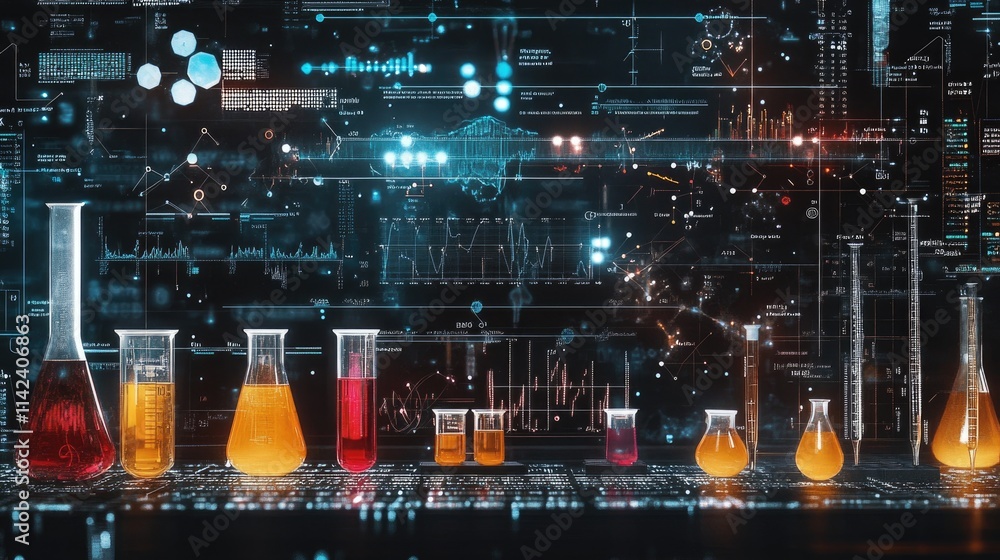 Poster a high-tech digital backdrop featuring chemical symbols, test tubes, and scientific diagrams with da