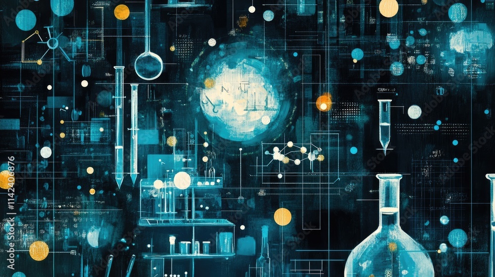 Poster a high-tech digital backdrop featuring chemical symbols, test tubes, and scientific diagrams with da