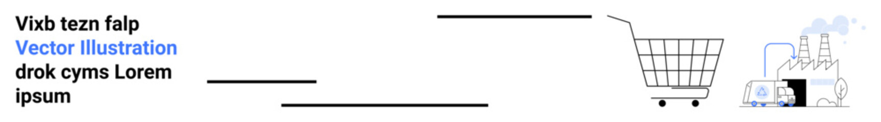 Empty shopping cart connected to factory and delivery truck symbols. Ideal for e-commerce, logistics, supply chain, retail strategies, business concepts, shipping, industrial processes. Banner