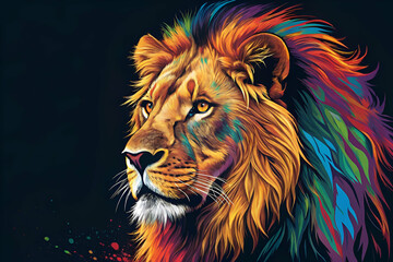 Fototapeta premium A vibrant, colorful depiction of a lion's head, showcasing a majestic mane filled with hues of blue, green, red, and yellow against a black background.