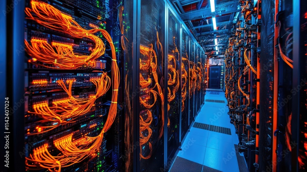 Poster A high-tech server room with rows of storage arrays and glowing fiber optic cables, representing fast data transfer and connectivity, perfect for side copy space
