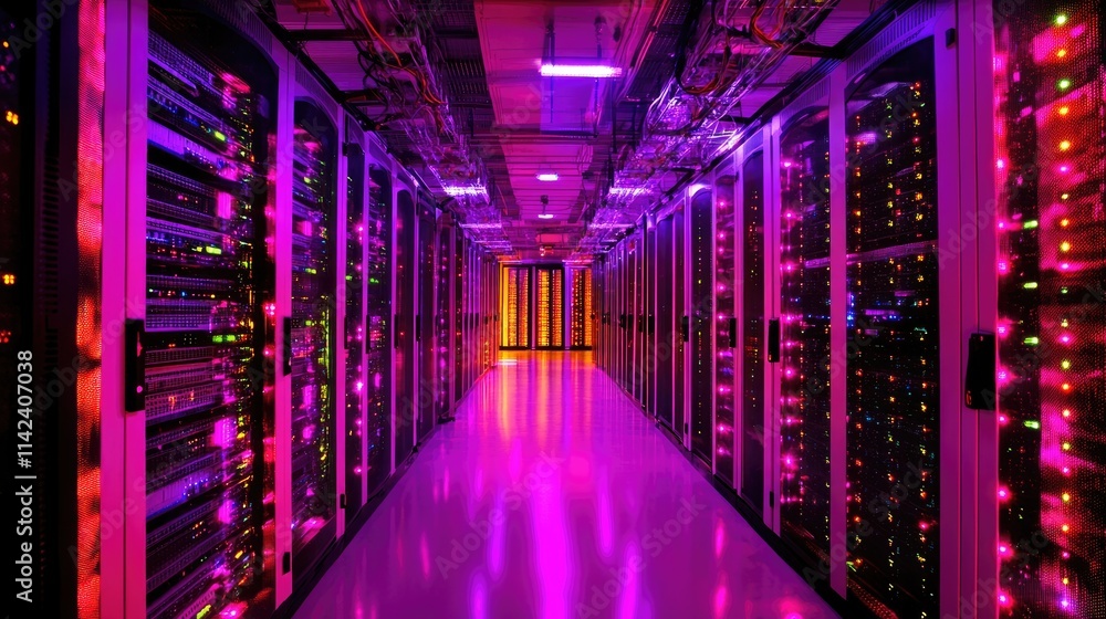 Aufkleber A high-tech server room with rows of storage arrays and glowing fiber optic cables, representing fast data transfer and connectivity, perfect for side copy space