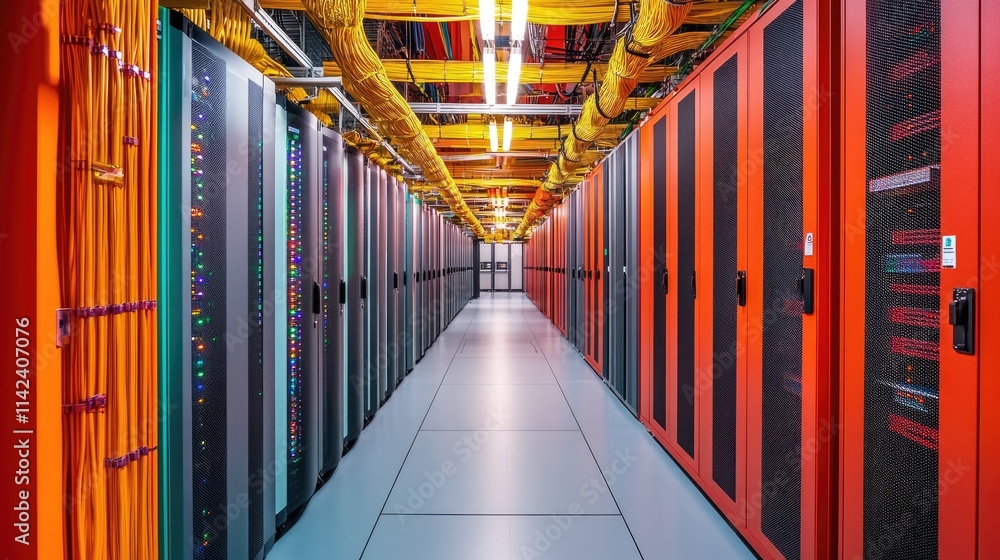 Poster A high-tech server room with storage arrays and fiber optic cables, emphasizing high-performance data transfer, featuring space for copy text